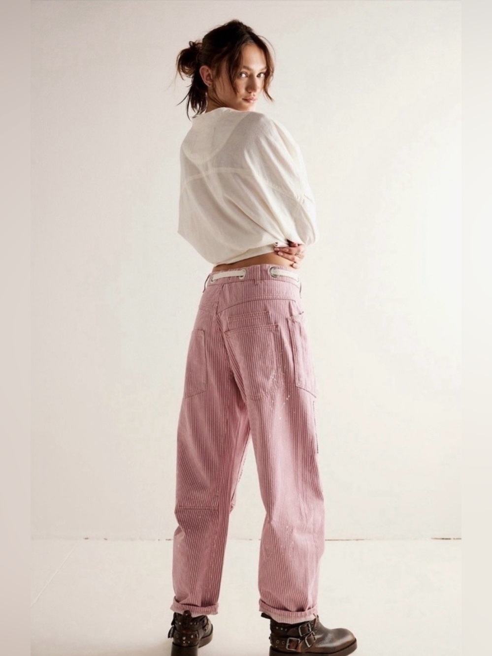 We The Free People Pink Striped Moxie Barrel Jeans Dried Rose Distressed NWOT - Picture 2 of 4